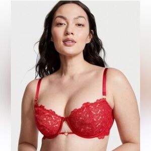 Victorias Secret Wicked Unlined Red Sweet Heart Lace Balconette Bra 34DD/E75